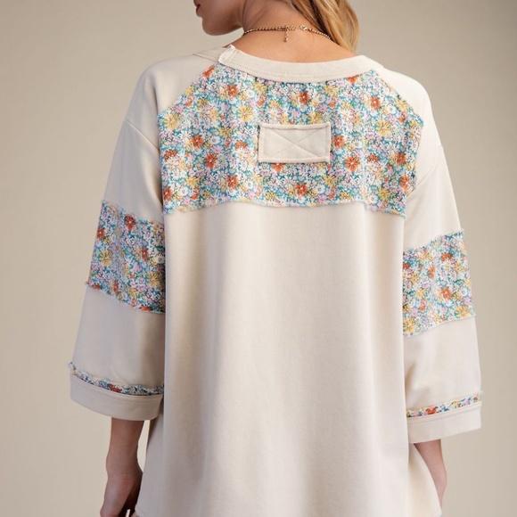 NEW EASEL Floral PATCH SOFT WASHED TERRY KNIT TOP BOXY PATCHWORK ECRU RELAXED - Picture 6 of 8